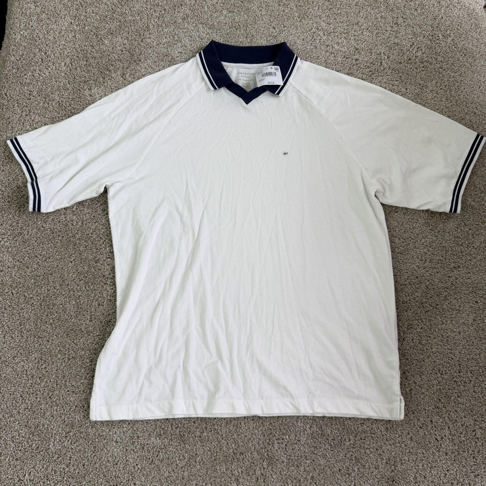 American Eagle Polo Shirt Mens MT White Knit Boxy Fit Short Sleeve Casual Top